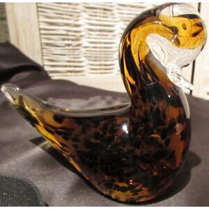 Vintage Art glass duck swan goose bird clear amber speckled glass Italian